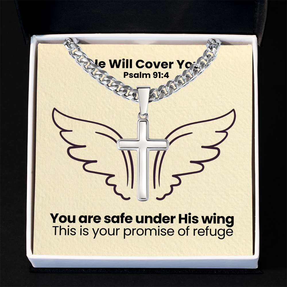 He Will Cover You (Psalm 91:4) | Premium Sterling Silver Cuban Link Cross Necklace