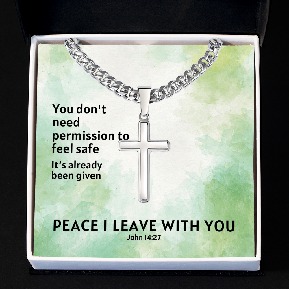 Peace I Leave With You (John 14:27) | Premium Sterling Silver Cuban Link Cross Necklace