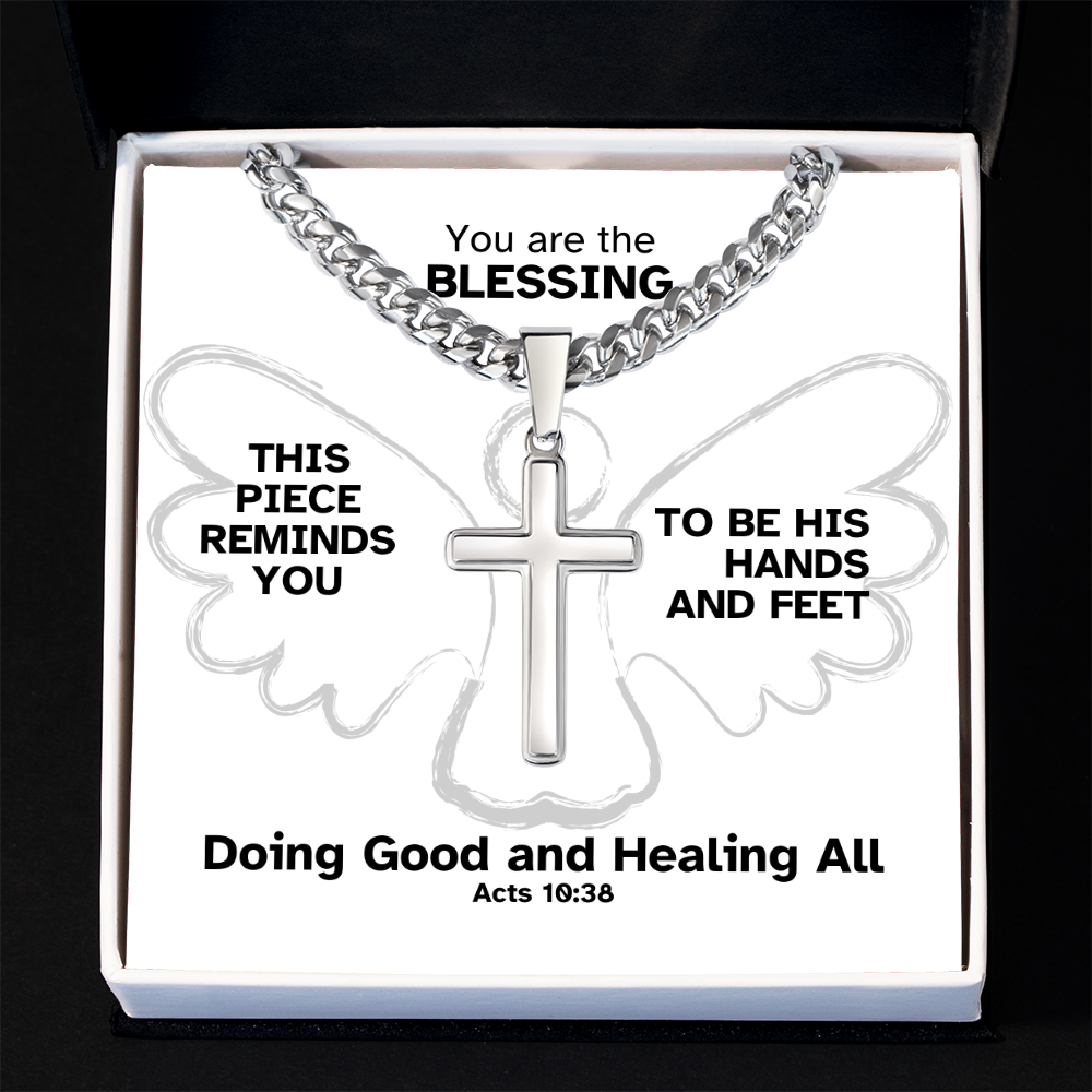 Doing Good And Healing All (Acts 10:38) | Premium Sterling Silver Cuban Link Cross Necklace