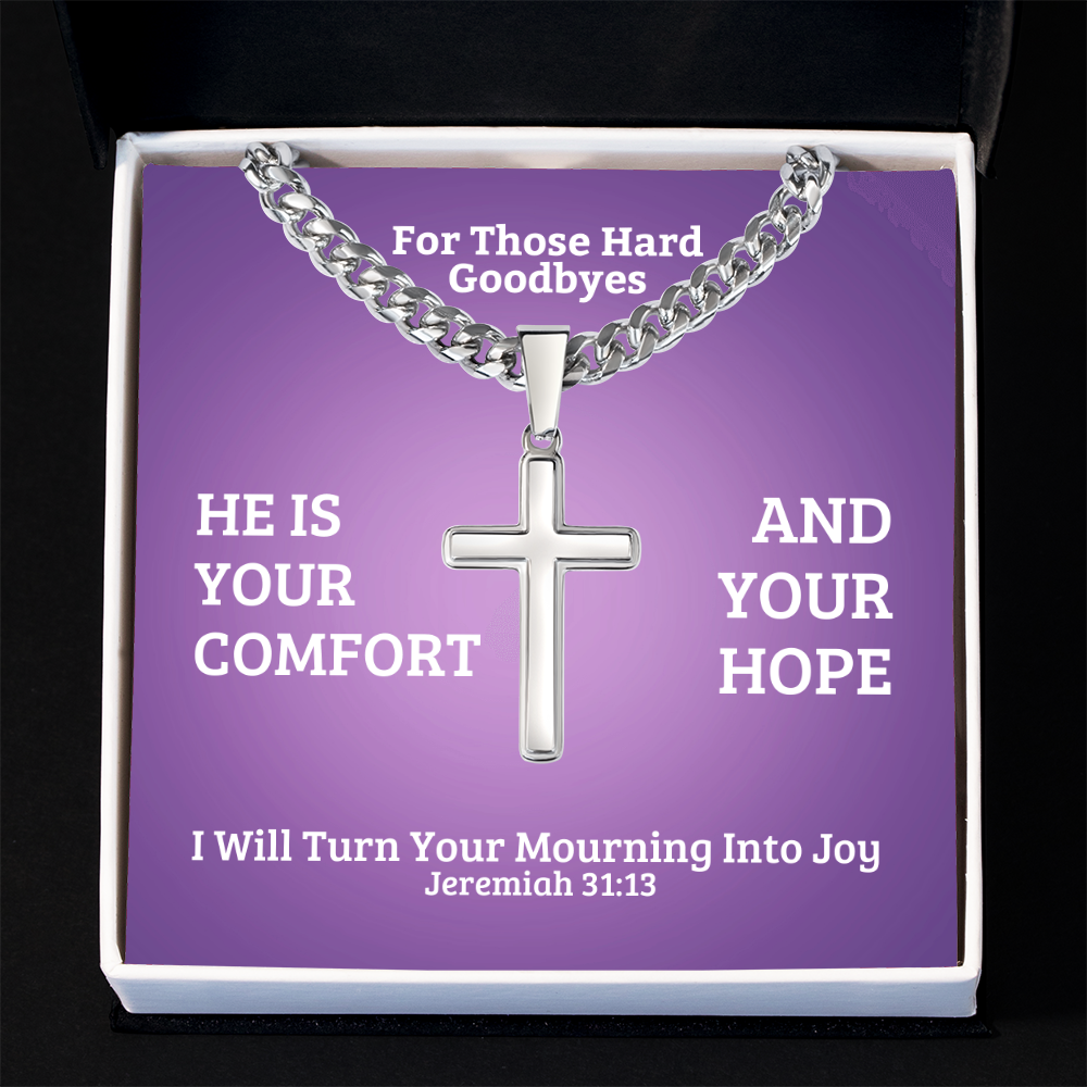 I Will Turn Your Mourning Into Joy (Jeremiah 31:13) | Premium Sterling Silver Cuban Link Cross Necklace