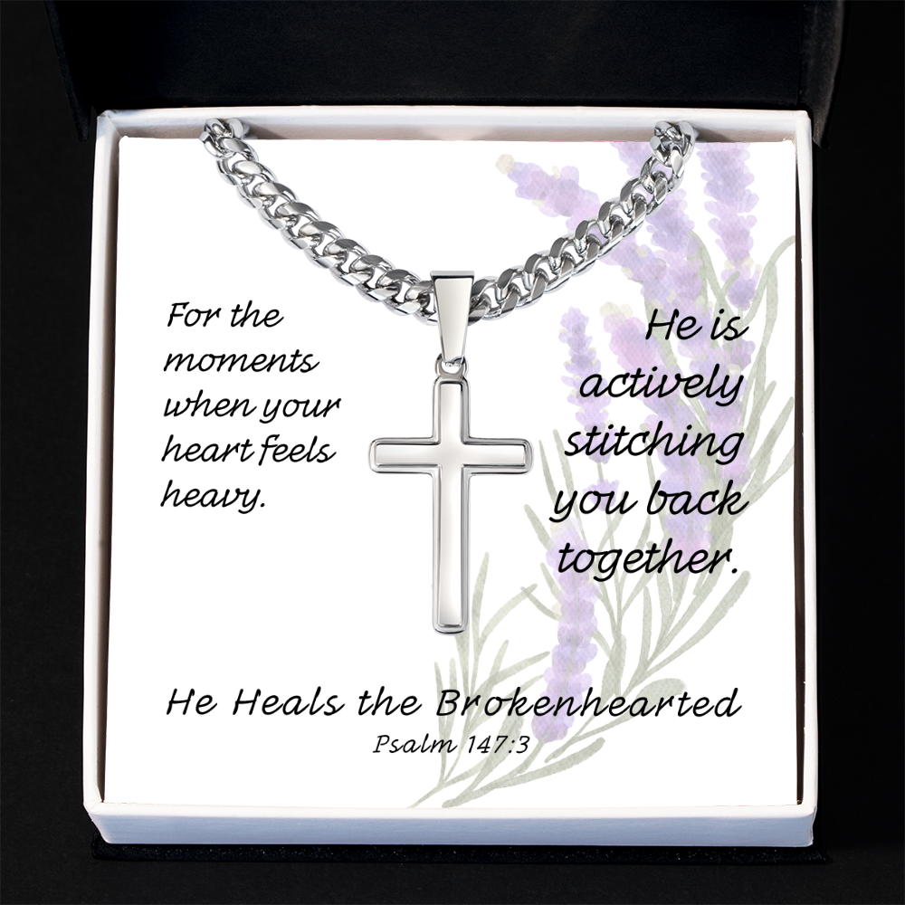 He Heals The Brokenhearted (Psalm 147:3) | Premium Sterling Silver Cuban Link Cross Necklace