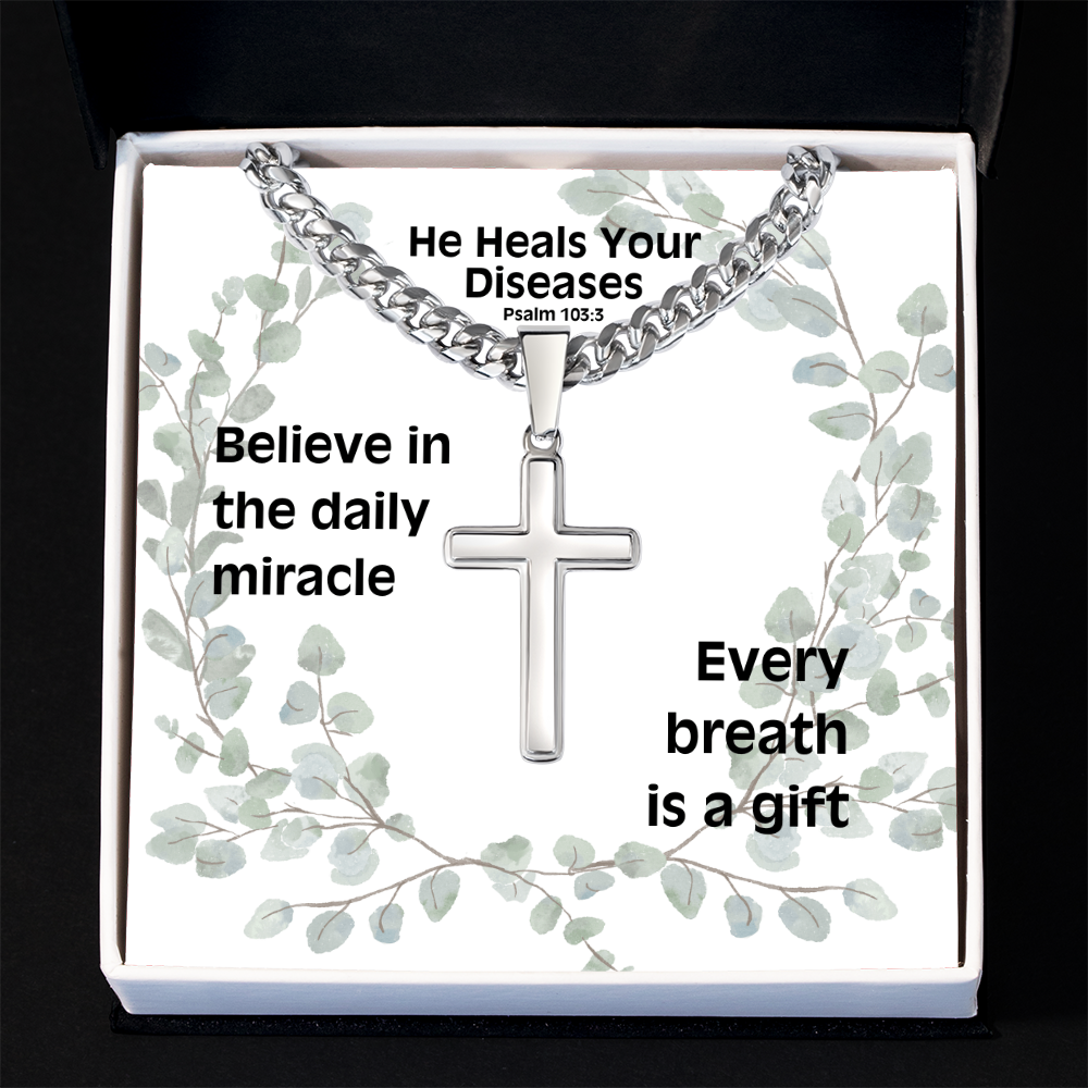 He Heals Your Diseases (Psalm 103:3) | Premium Sterling Silver Cuban Link Cross Necklace