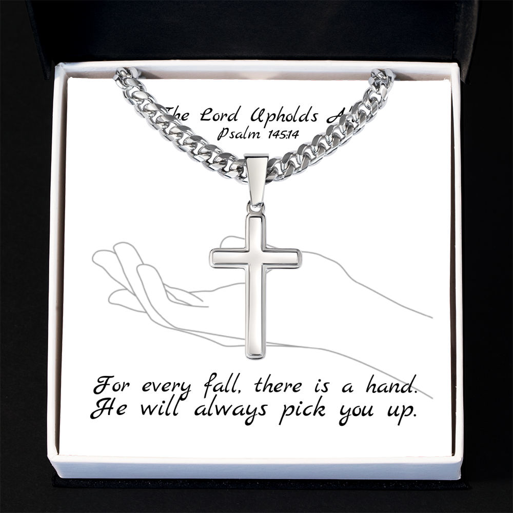 The Lord Upholds All (Psalm 145:14) | Premium Sterling Silver Cuban Link Cross Necklace