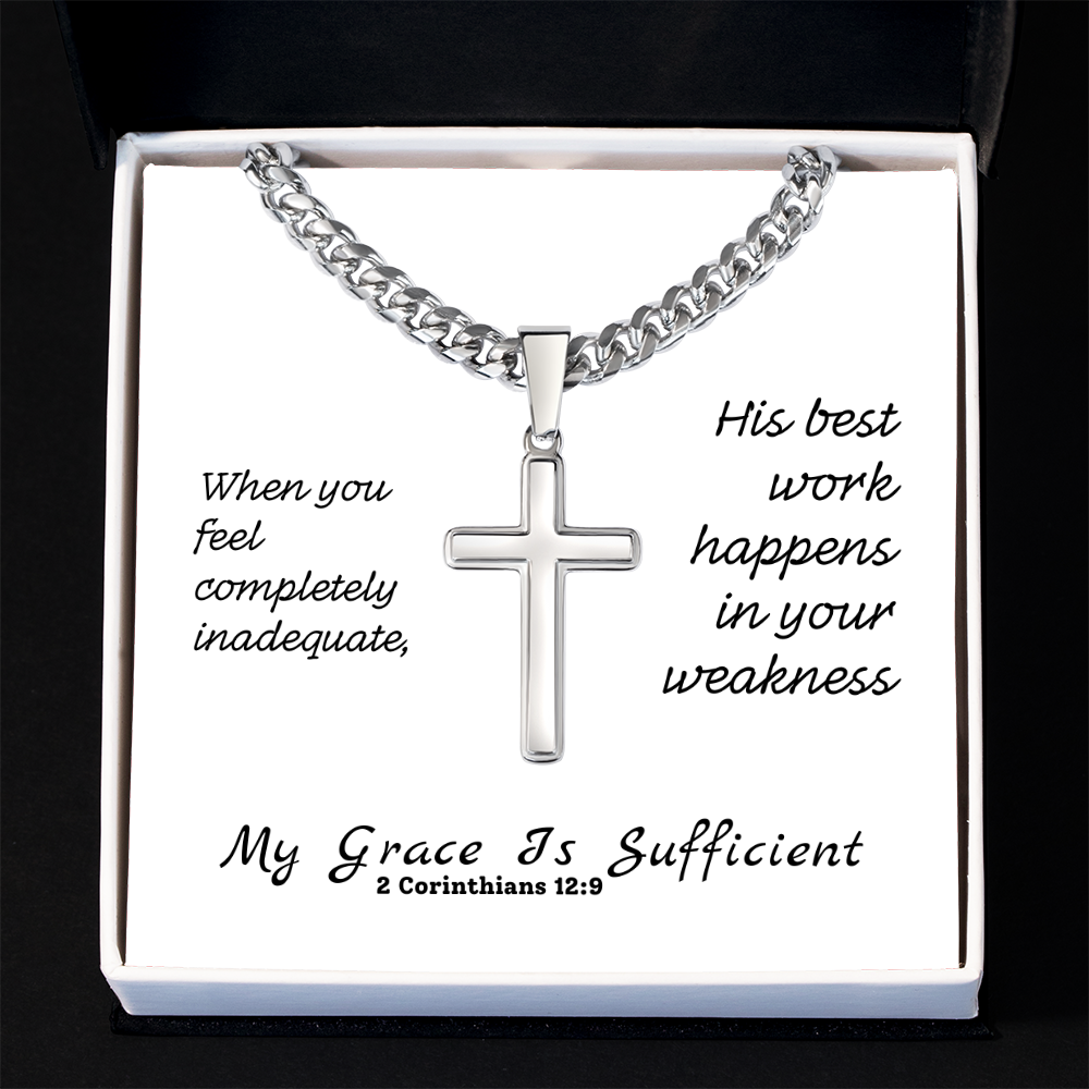 My Grace Is Sufficient (2 Corinthians 12:9) | Premium Sterling Silver Cuban Link Cross Necklace