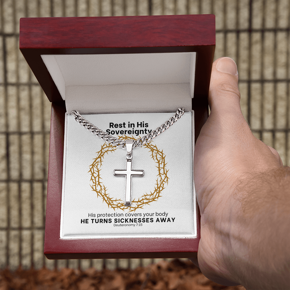 He Turns Sicknesses Away (Deuteronomy 7:15) | Premium Sterling Silver Cuban Link Cross Necklace