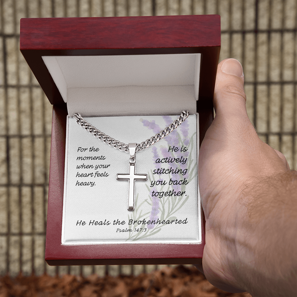 He Heals The Brokenhearted (Psalm 147:3) | Premium Sterling Silver Cuban Link Cross Necklace