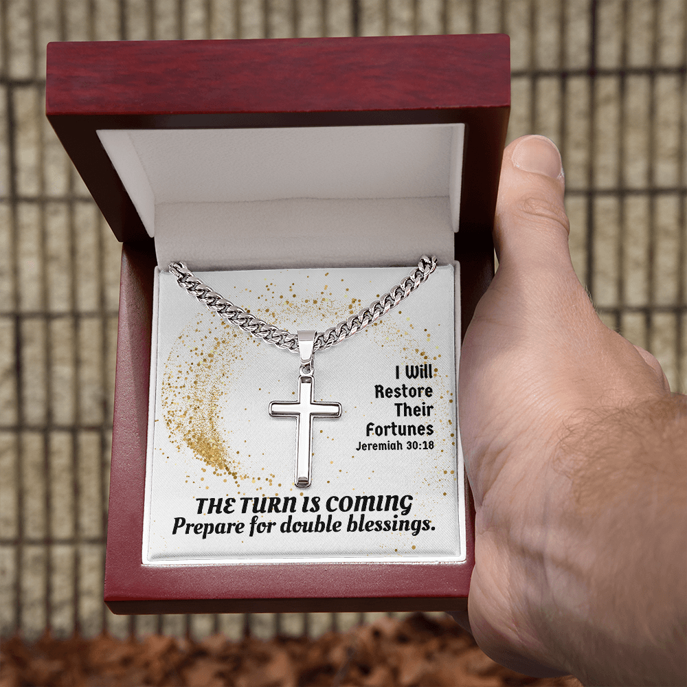 I Will Restore Their Fortunes (Jeremiah 30:18) | Premium Sterling Silver Cuban Link Cross Necklace