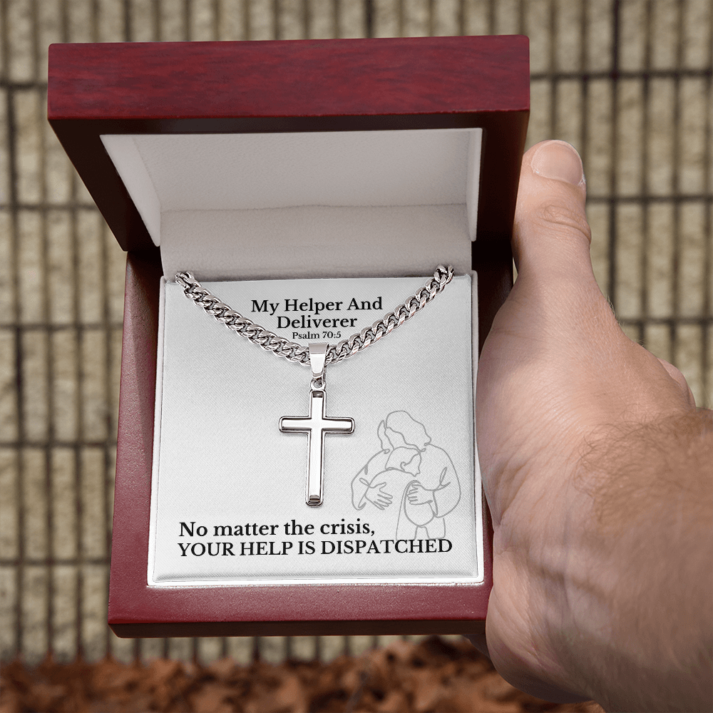 My Helper And Deliverer (Psalm 70:5) | Premium Sterling Silver Cuban Link Cross Necklace