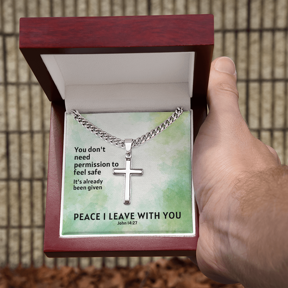 Peace I Leave With You (John 14:27) | Premium Sterling Silver Cuban Link Cross Necklace