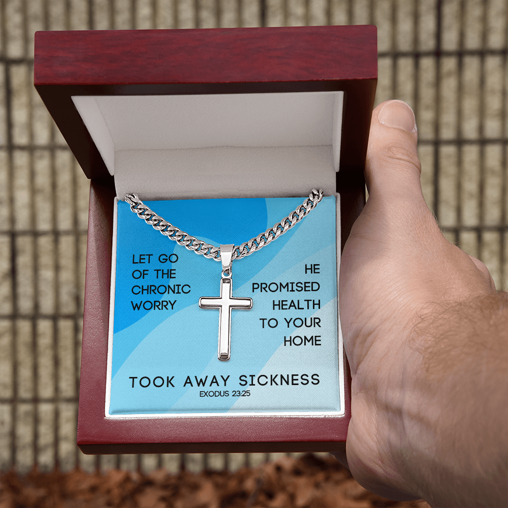 Took Away Sickness (Exodus 23:25) | Premium Sterling Silver Cuban Link Cross Necklace