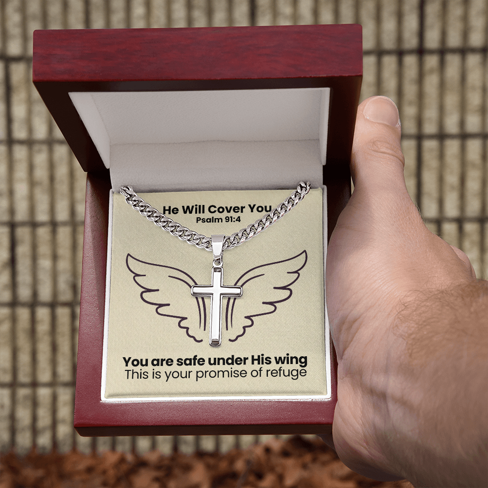 He Will Cover You (Psalm 91:4) | Premium Sterling Silver Cuban Link Cross Necklace