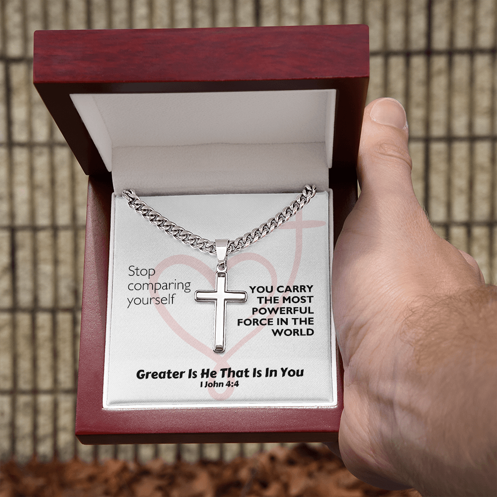 Greater Is He That Is In You (1 John 4:4) | Premium Sterling Silver Cuban Link Cross Necklace