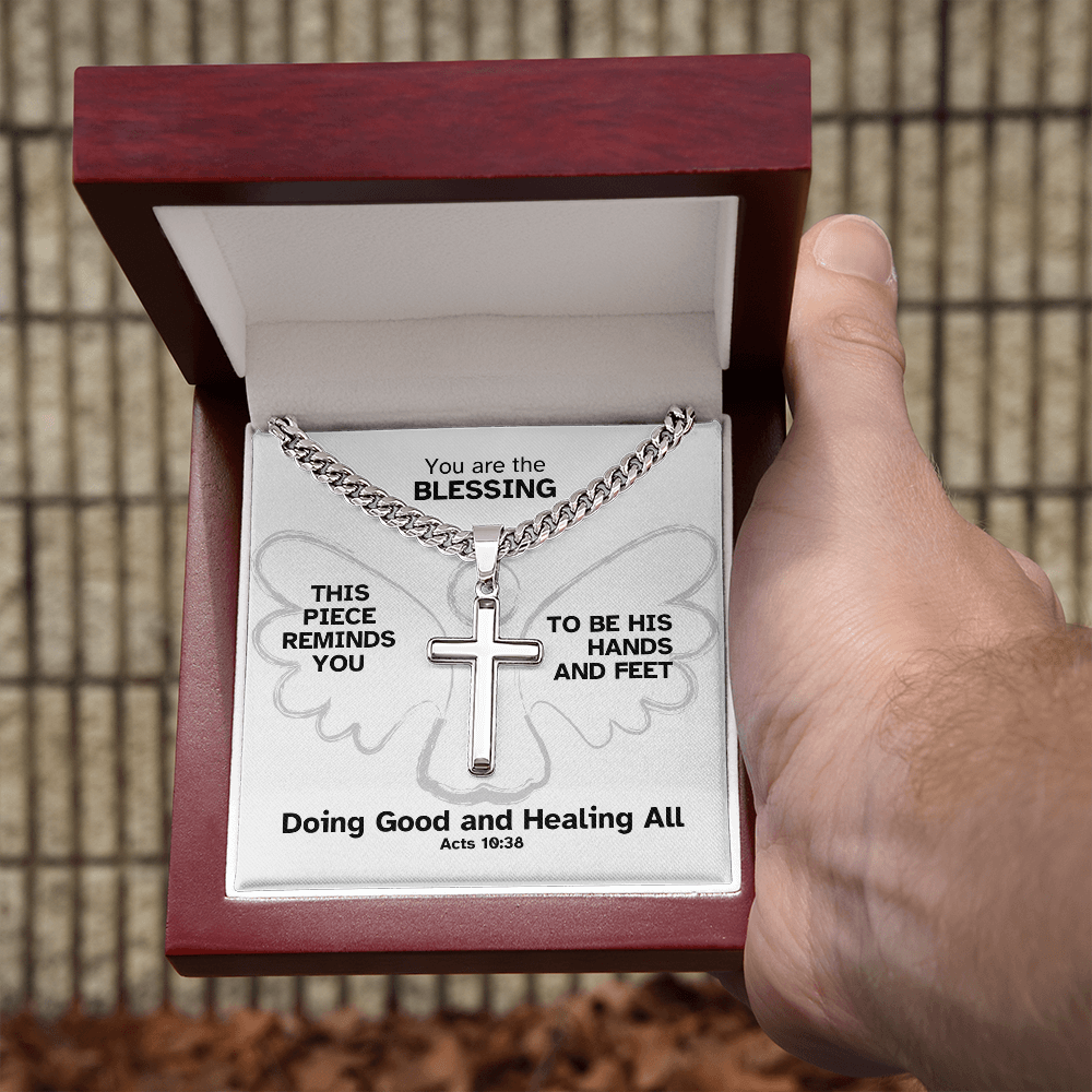 Doing Good And Healing All (Acts 10:38) | Premium Sterling Silver Cuban Link Cross Necklace