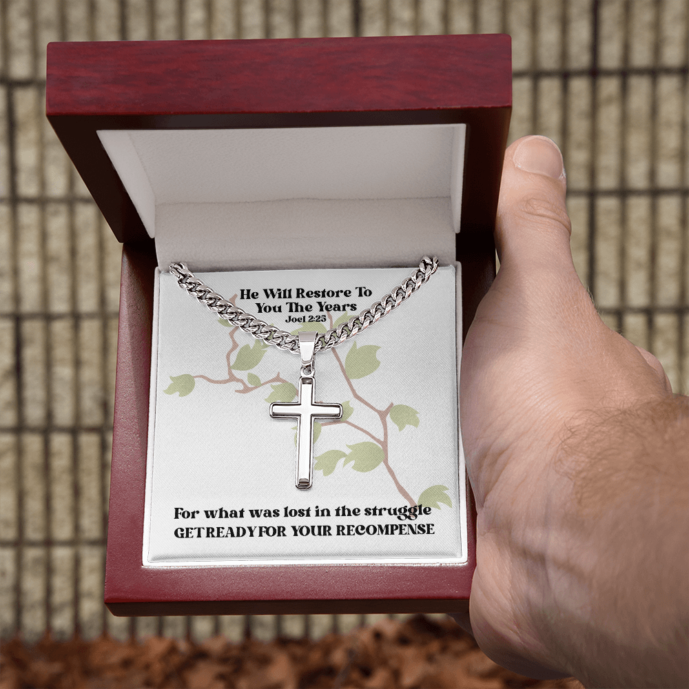 He Will Restore To You The Years (Joel 2:25) | Premium Sterling Silver Cuban Link Cross Necklace