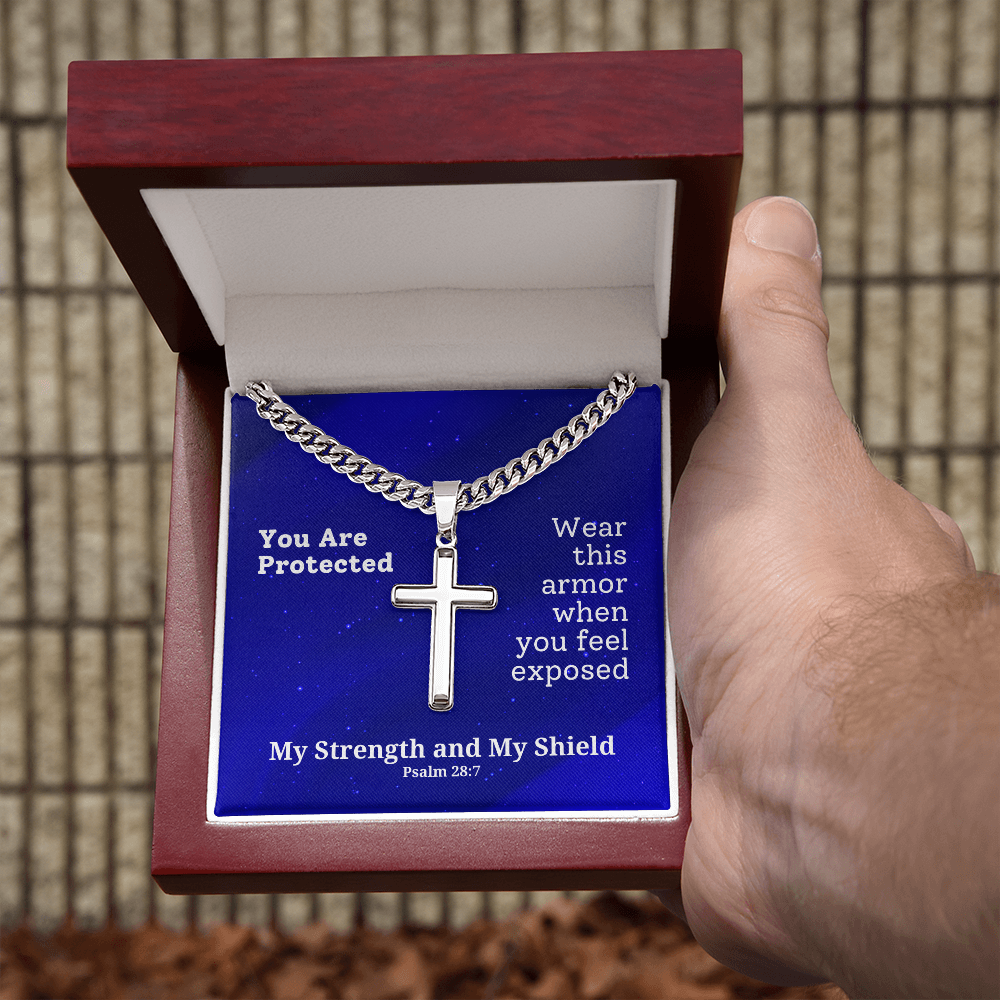 My Strength and My Shield (Psalm 28:7) | Premium Sterling Silver Cuban Link Cross Necklace