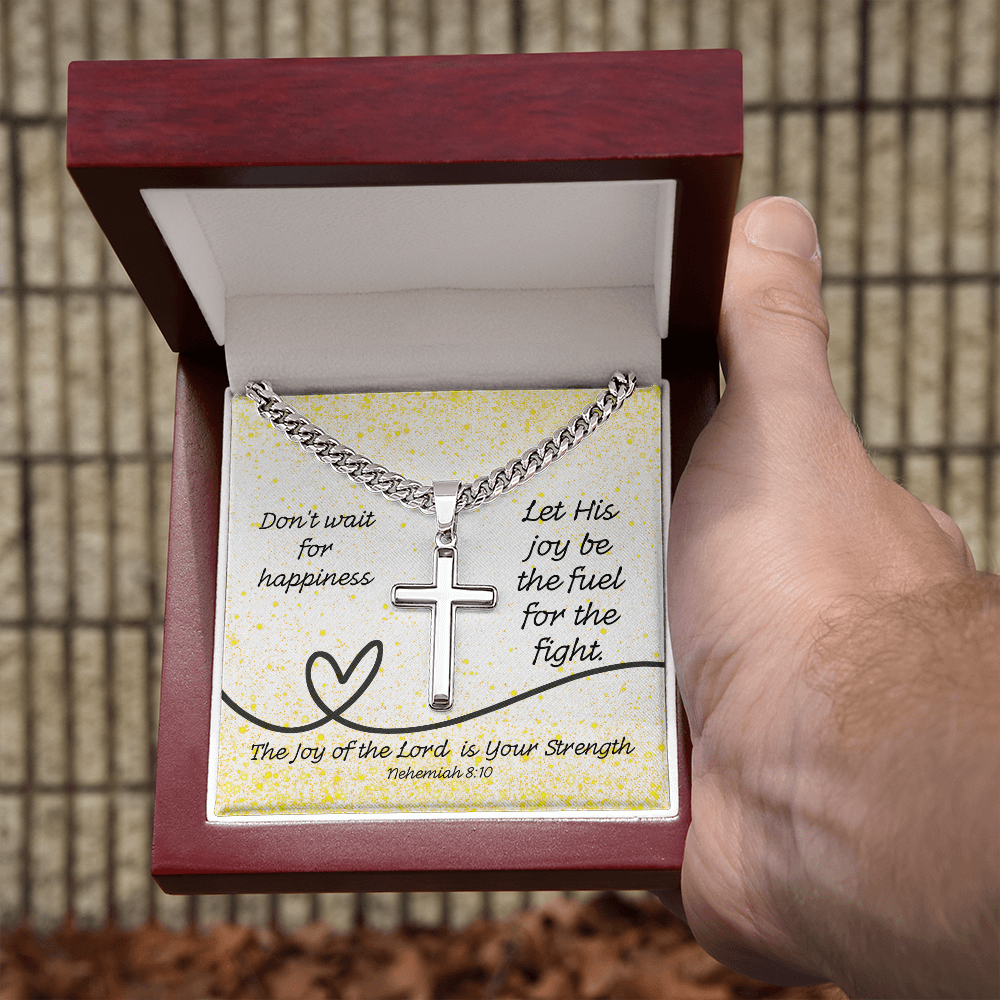 The Joy of the Lord Is Your Strength (Nehemiah 8:10) | Premium Sterling Silver Cuban Link Cross Necklace