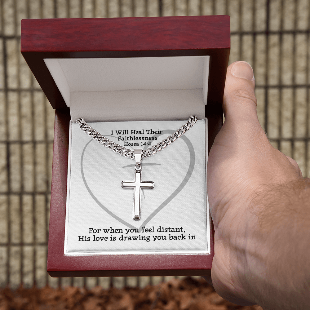 I Will Heal Their  Faithlessness (Hosea 14:4) | Premium Sterling Silver Cuban Link Cross Necklace