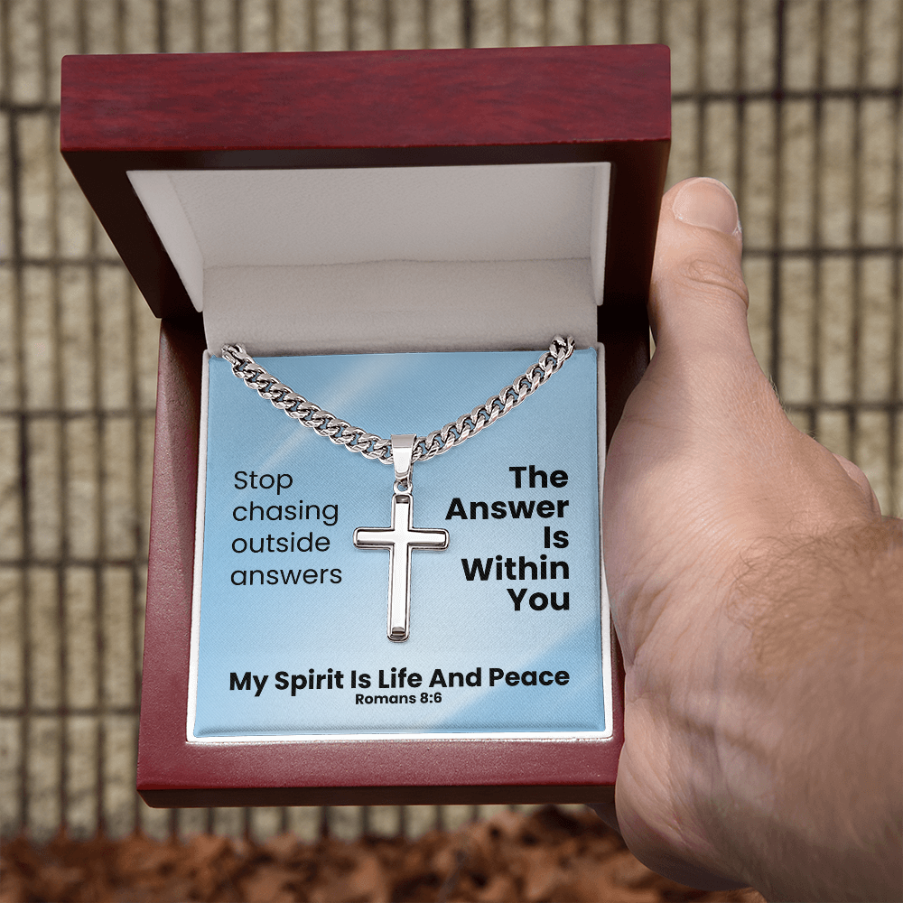 My Spirit Is Life And Peace (Romans 8:6) | Premium Sterling Silver Cuban Link Cross Necklace