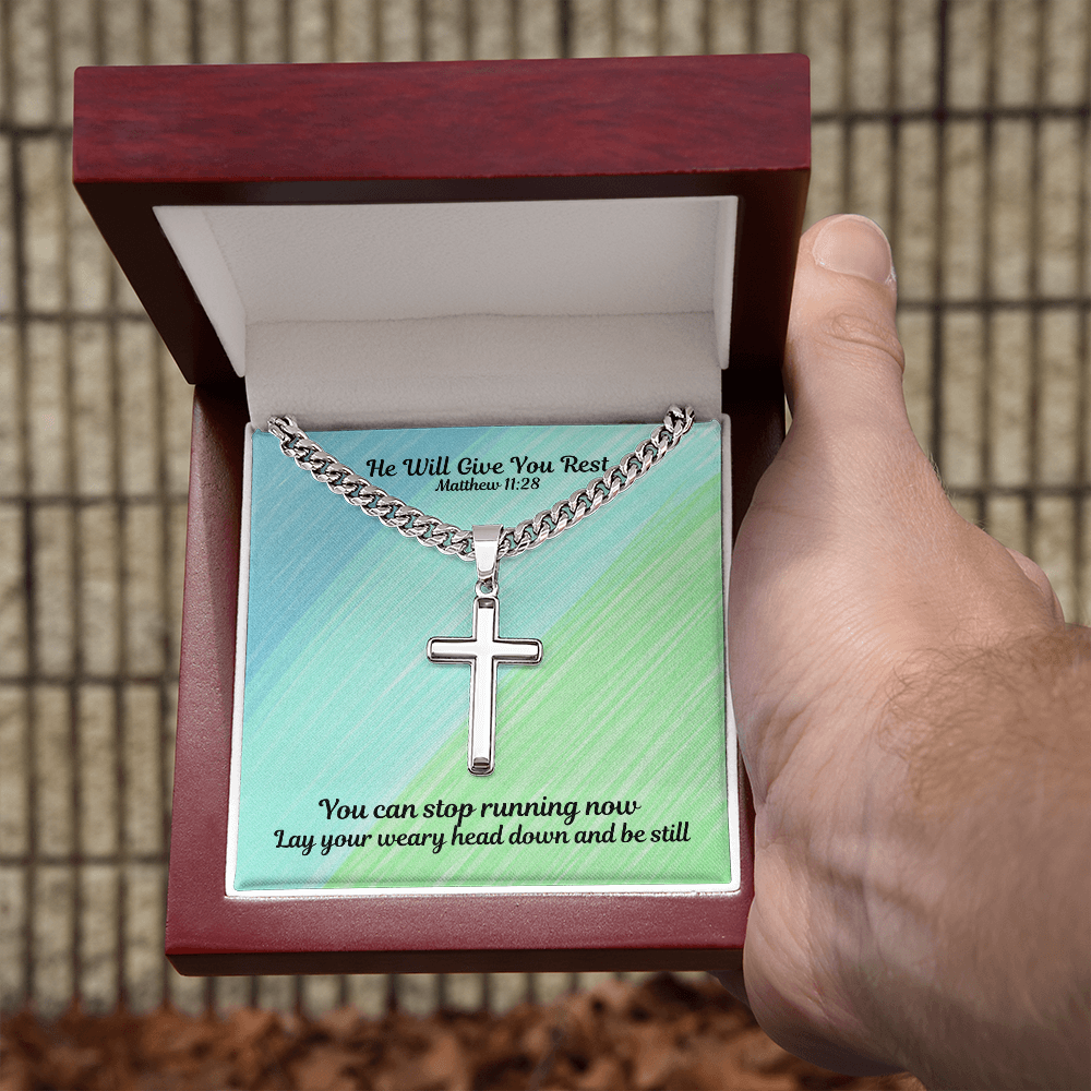 He Will Give You Rest (Matthew 11:28) | Premium Sterling Silver Cuban Link Cross Necklace