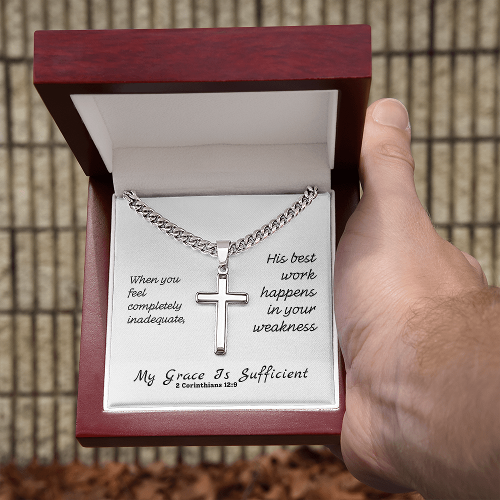 My Grace Is Sufficient (2 Corinthians 12:9) | Premium Sterling Silver Cuban Link Cross Necklace