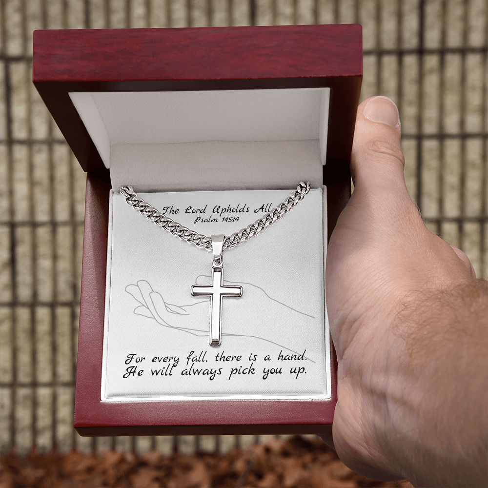 The Lord Upholds All (Psalm 145:14) | Premium Sterling Silver Cuban Link Cross Necklace