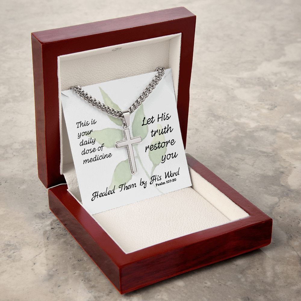 Healed Them By His Words (Psalm 107:20) | Premium Sterling Silver Cuban Link Cross Necklace