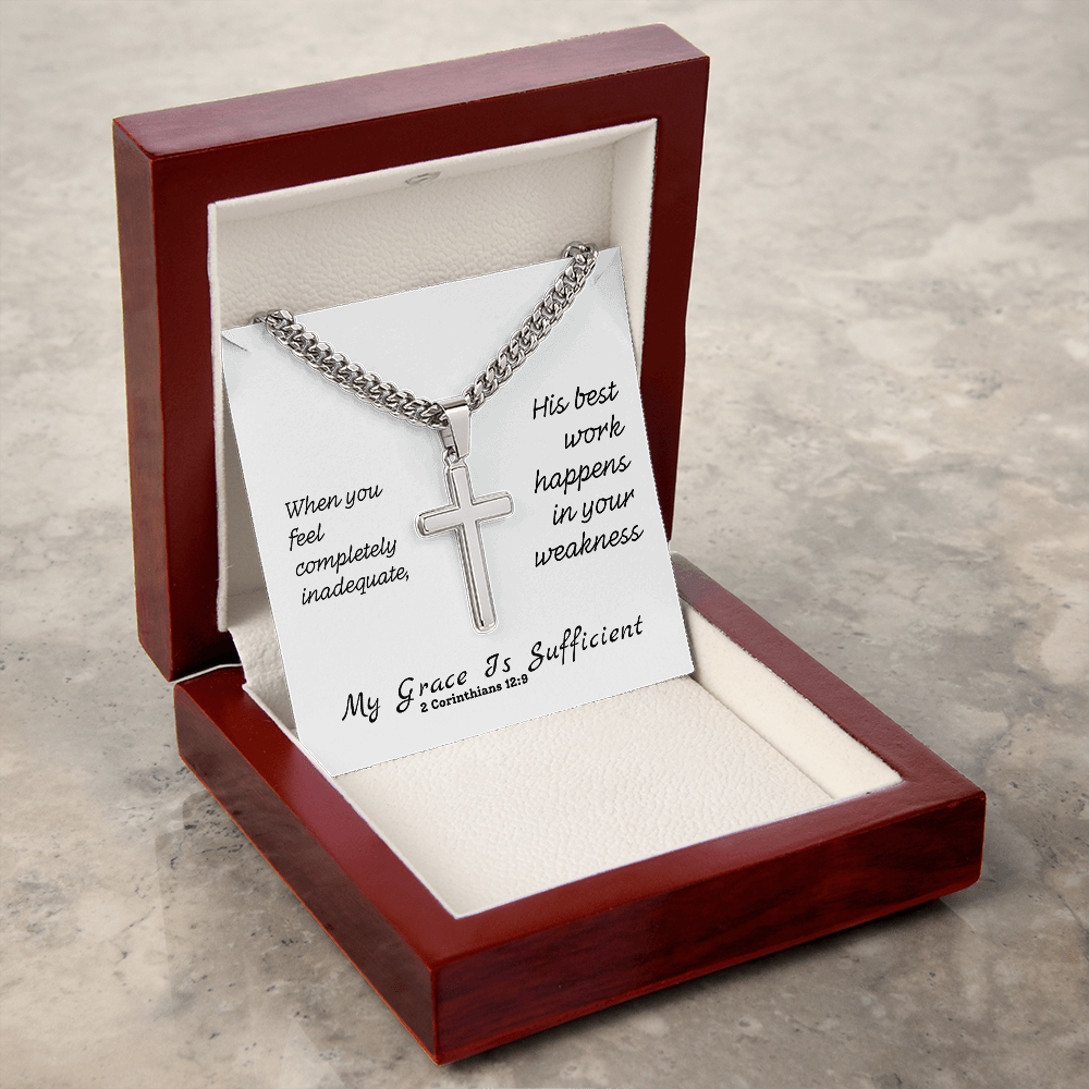 My Grace Is Sufficient (2 Corinthians 12:9) | Premium Sterling Silver Cuban Link Cross Necklace