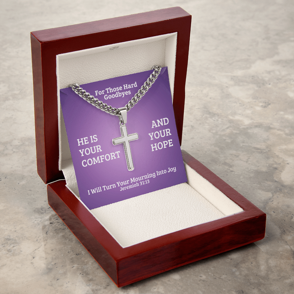 I Will Turn Your Mourning Into Joy (Jeremiah 31:13) | Premium Sterling Silver Cuban Link Cross Necklace