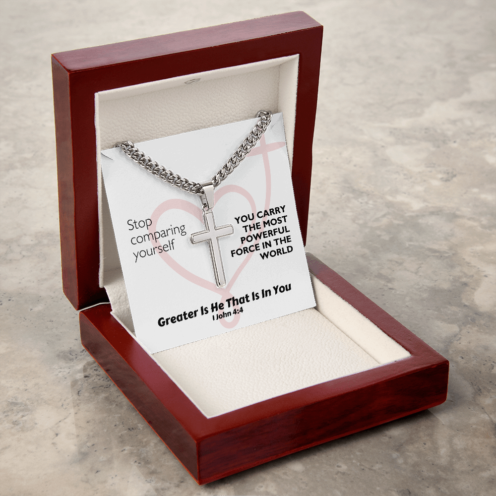 Greater Is He That Is In You (1 John 4:4) | Premium Sterling Silver Cuban Link Cross Necklace