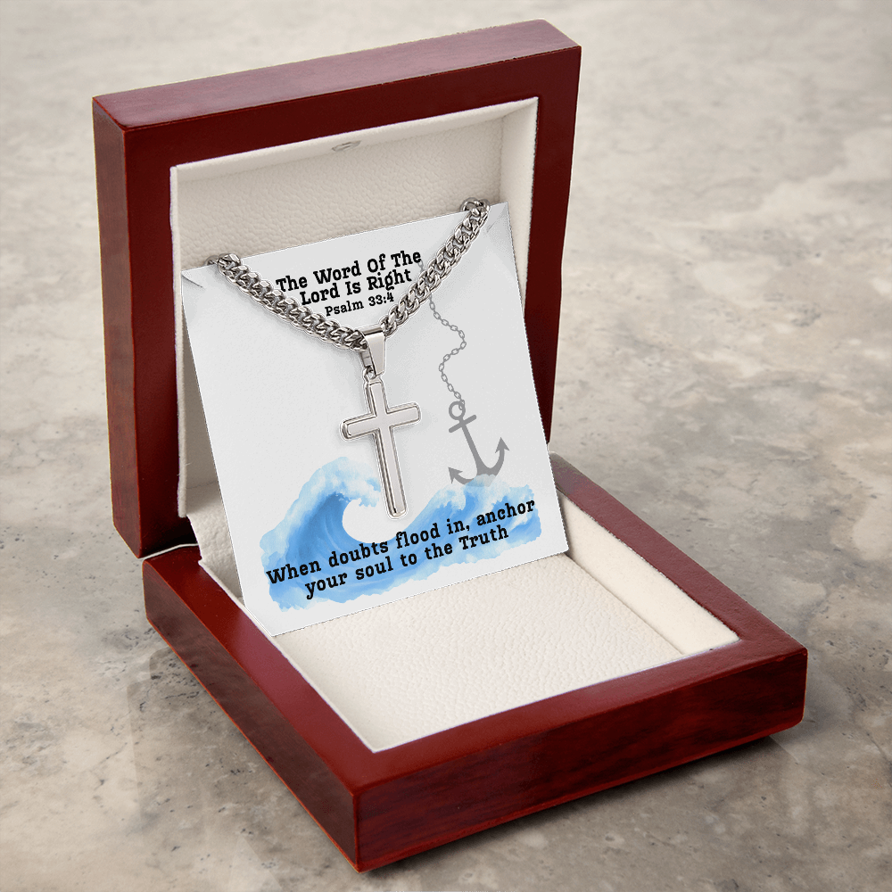 The Word Of The Lord Is Right (Psalm 33:4) | Premium Sterling Silver Cuban Link Cross Necklace