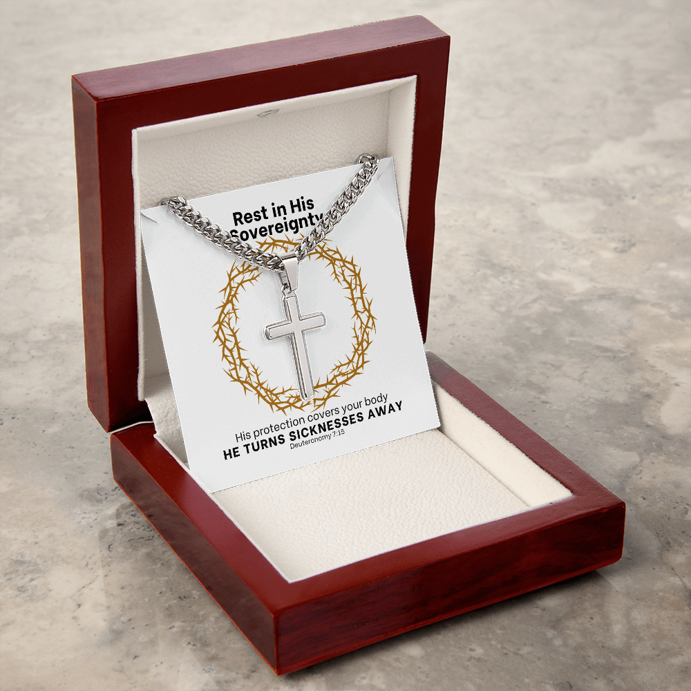 He Turns Sicknesses Away (Deuteronomy 7:15) | Premium Sterling Silver Cuban Link Cross Necklace