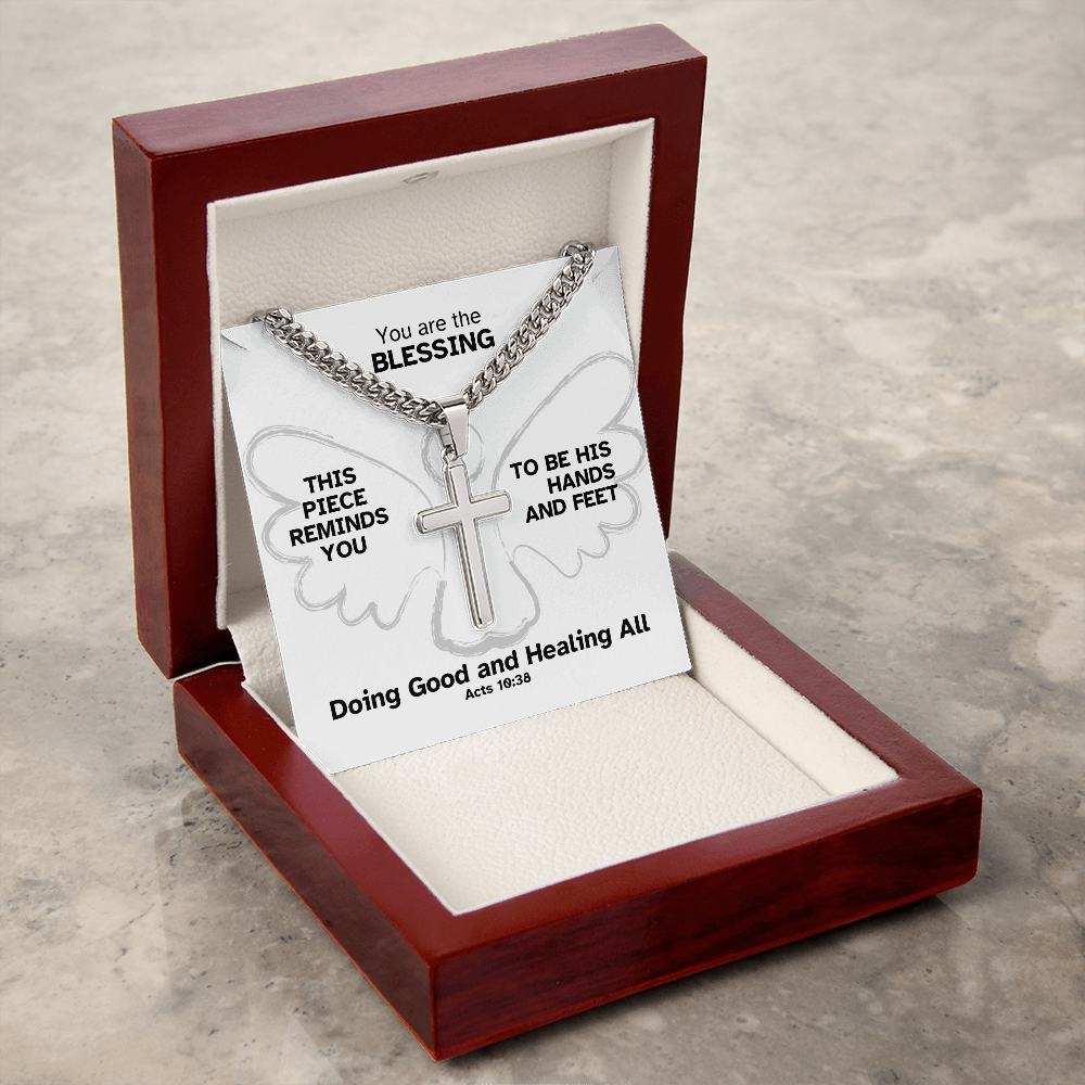 Doing Good And Healing All (Acts 10:38) | Premium Sterling Silver Cuban Link Cross Necklace