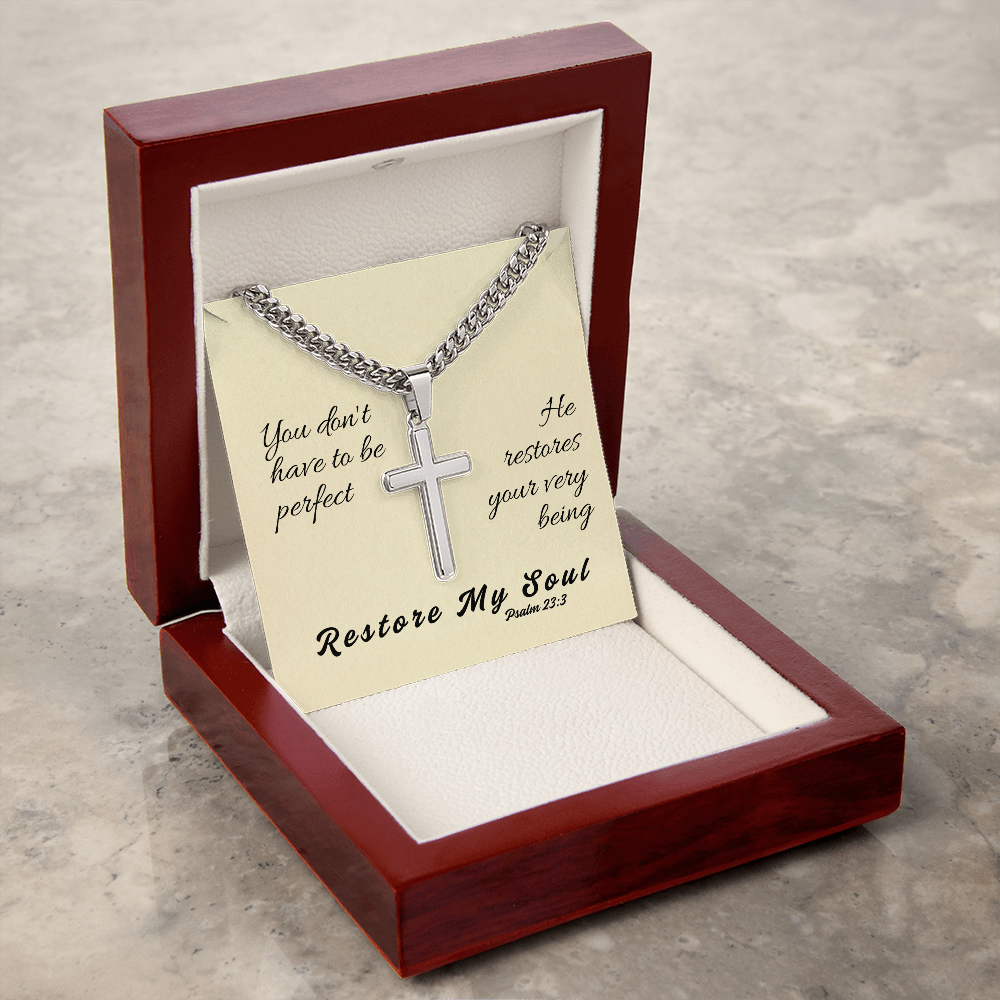 Restore My Soul (Psalm 23:3) | Premium Sterling Silver Cuban Link Cross Necklace