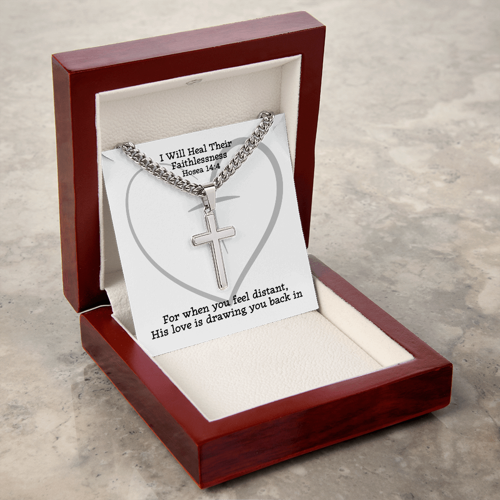 I Will Heal Their  Faithlessness (Hosea 14:4) | Premium Sterling Silver Cuban Link Cross Necklace