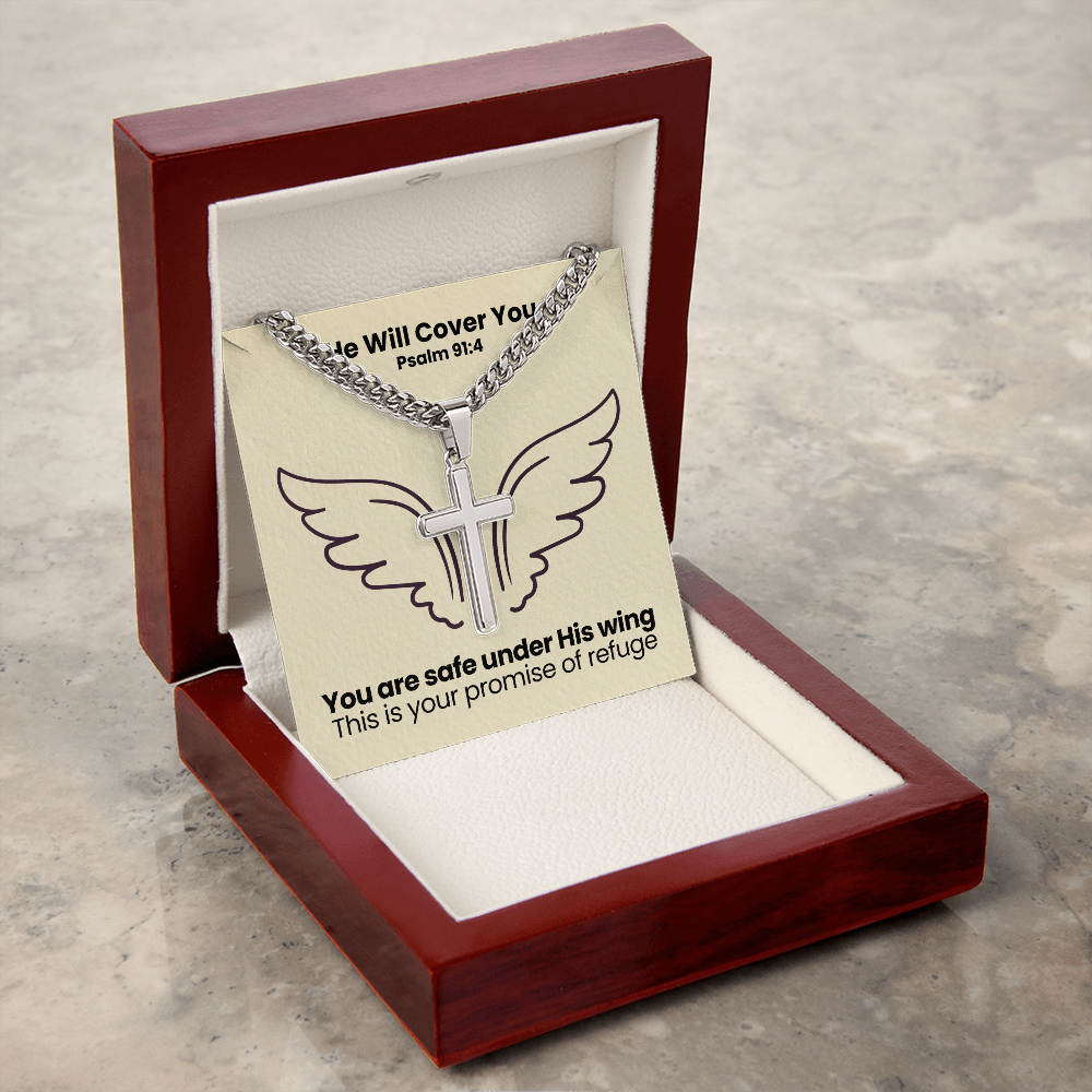 He Will Cover You (Psalm 91:4) | Premium Sterling Silver Cuban Link Cross Necklace