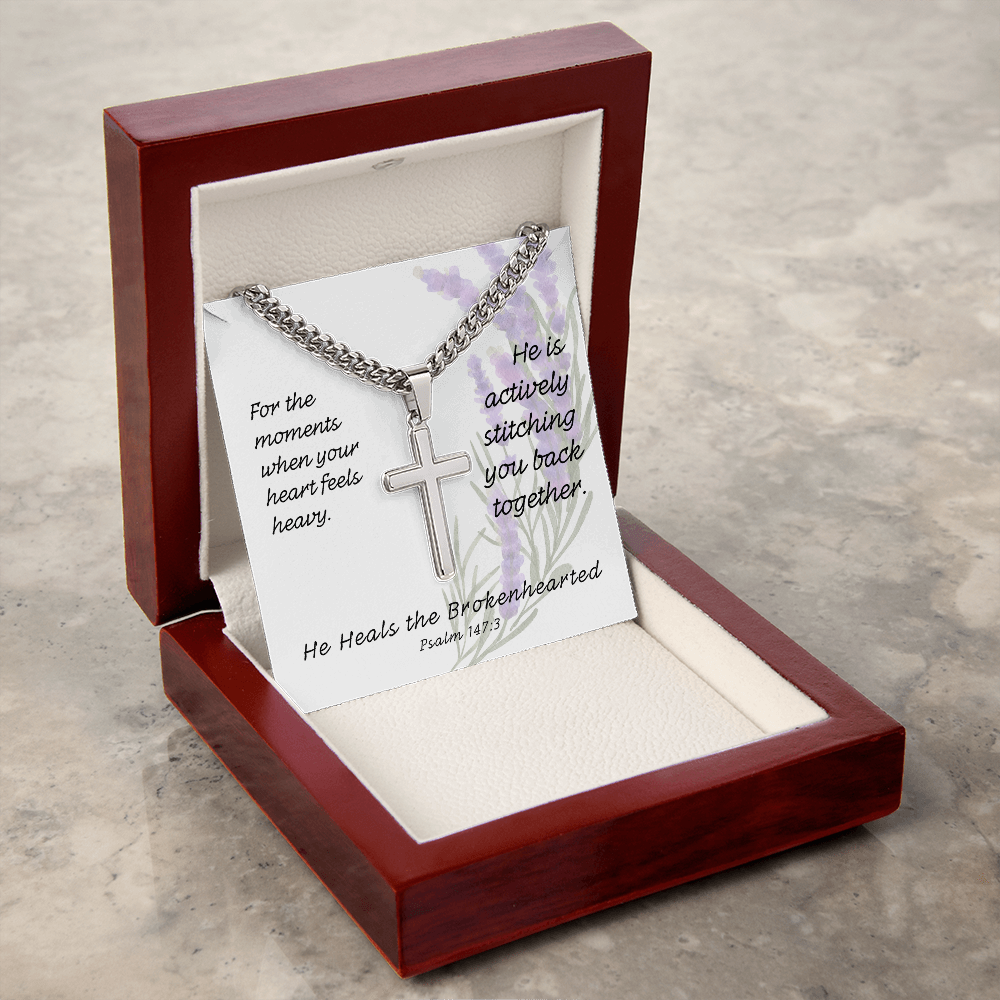 He Heals The Brokenhearted (Psalm 147:3) | Premium Sterling Silver Cuban Link Cross Necklace