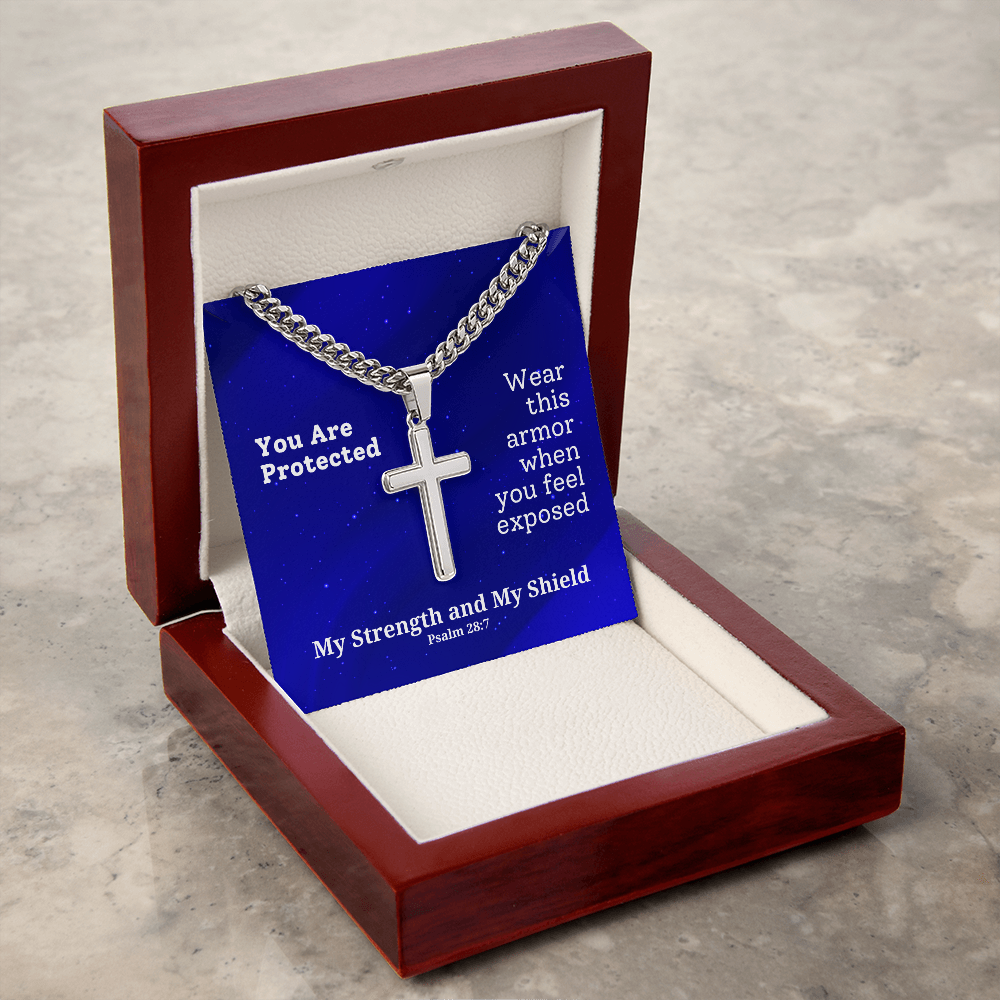 My Strength and My Shield (Psalm 28:7) | Premium Sterling Silver Cuban Link Cross Necklace