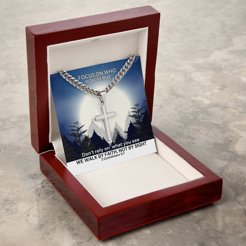 We Walk By Faith, Not By Sight (2 Corinthians 5:7) | Premium Sterling Silver Cuban Link Cross Necklace