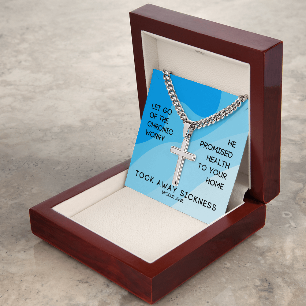 Took Away Sickness (Exodus 23:25) | Premium Sterling Silver Cuban Link Cross Necklace