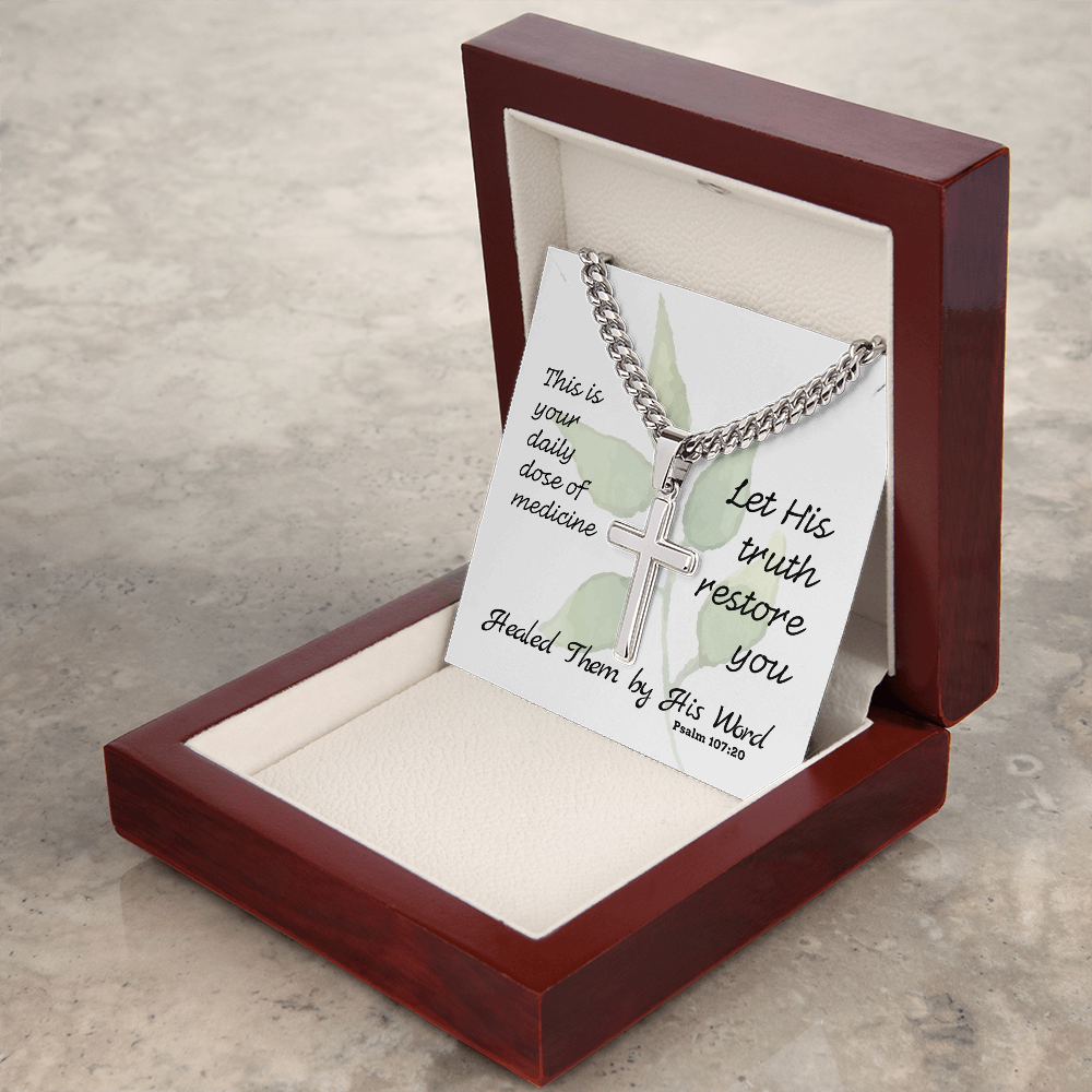 Healed Them By His Words (Psalm 107:20) | Premium Sterling Silver Cuban Link Cross Necklace