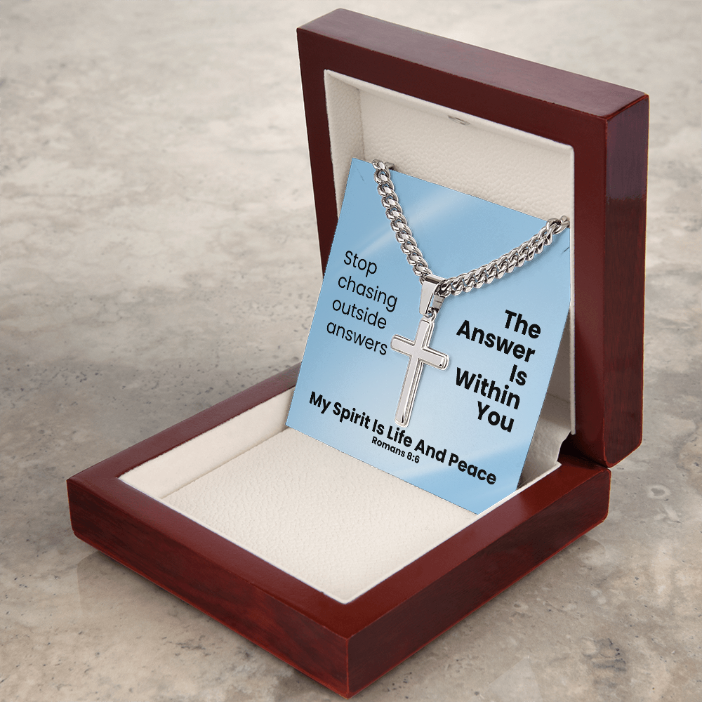 My Spirit Is Life And Peace (Romans 8:6) | Premium Sterling Silver Cuban Link Cross Necklace