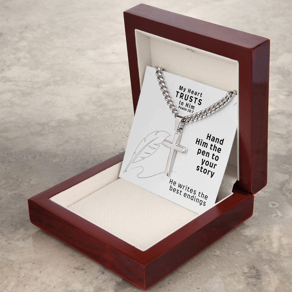 My Heart Trusts In Him (Psalm 28:7) | Premium Sterling Silver Cuban Link Cross Necklace