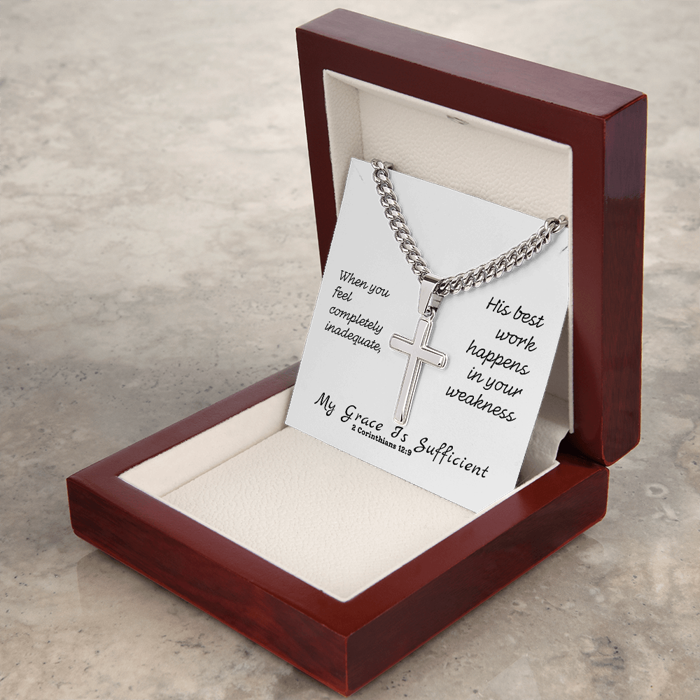 My Grace Is Sufficient (2 Corinthians 12:9) | Premium Sterling Silver Cuban Link Cross Necklace