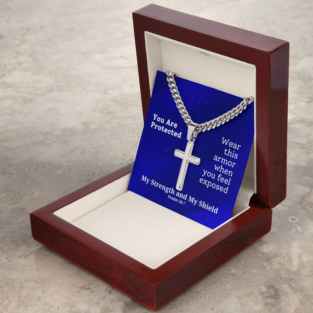 My Strength and My Shield (Psalm 28:7) | Premium Sterling Silver Cuban Link Cross Necklace