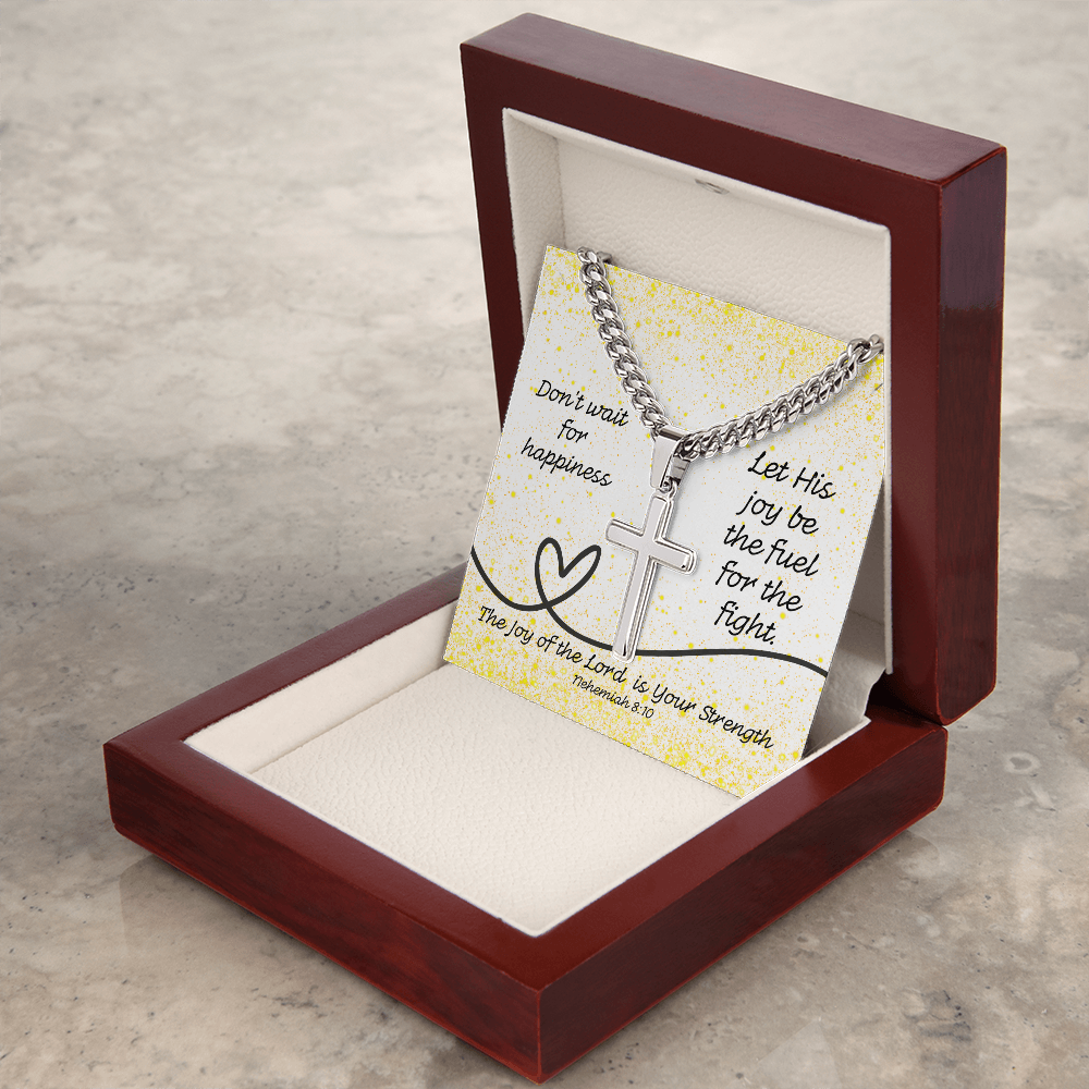 The Joy of the Lord Is Your Strength (Nehemiah 8:10) | Premium Sterling Silver Cuban Link Cross Necklace