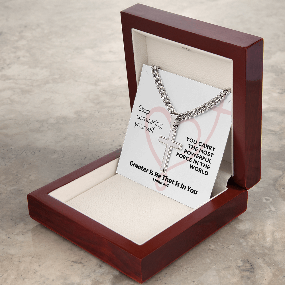 Greater Is He That Is In You (1 John 4:4) | Premium Sterling Silver Cuban Link Cross Necklace