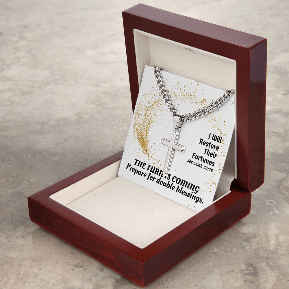 I Will Restore Their Fortunes (Jeremiah 30:18) | Premium Sterling Silver Cuban Link Cross Necklace
