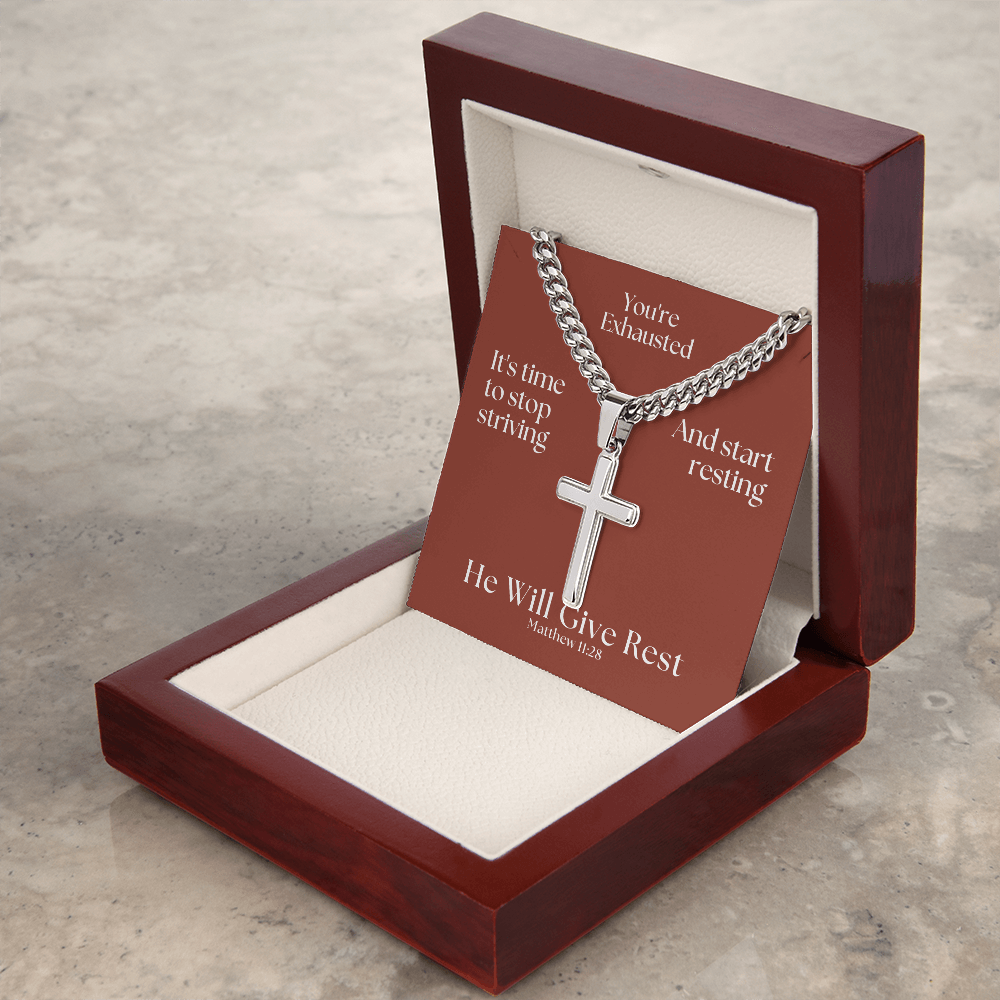 He Will Give  Rest (Matthew 11:28) | Premium Sterling Silver Cuban Link Cross Necklace