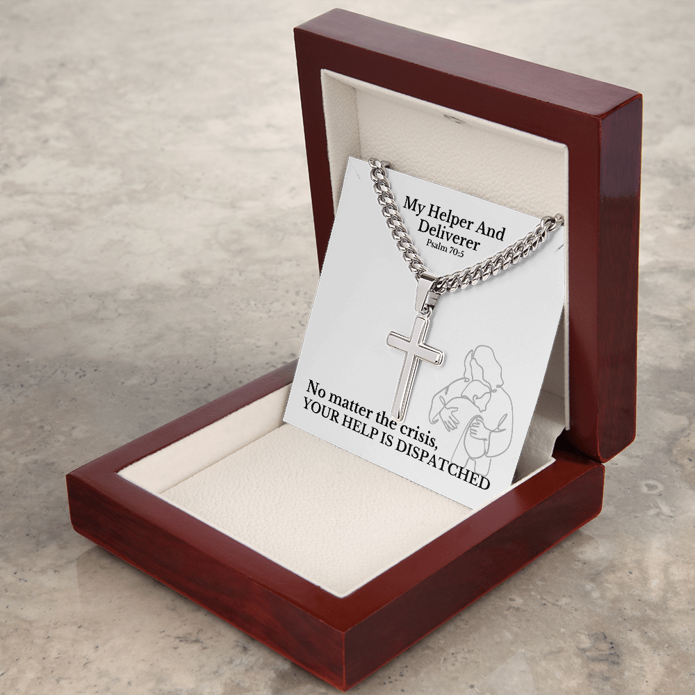 My Helper And Deliverer (Psalm 70:5) | Premium Sterling Silver Cuban Link Cross Necklace