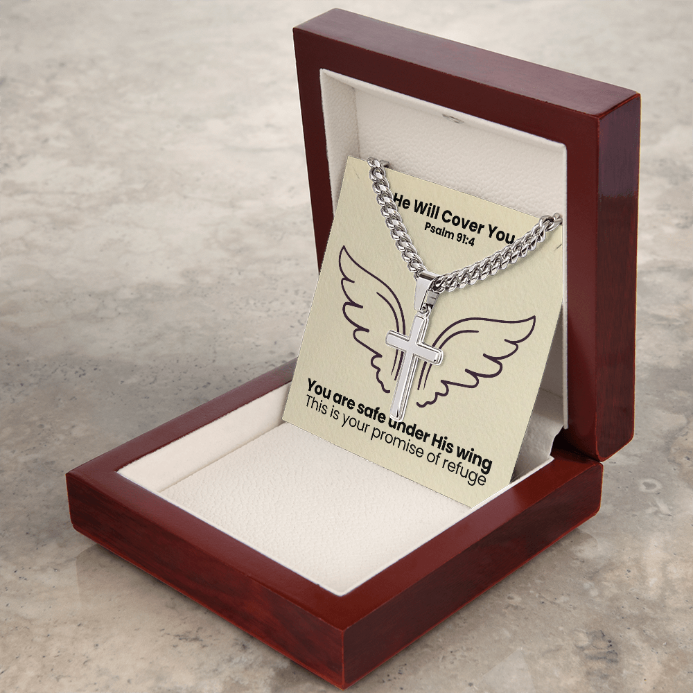 He Will Cover You (Psalm 91:4) | Premium Sterling Silver Cuban Link Cross Necklace